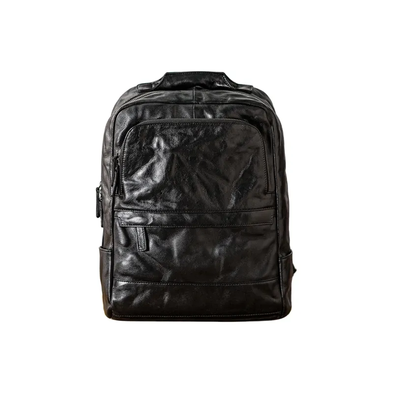 Back Step Cow Leather Double Shoulder Computer Travel Bag Large Size Unisex Black-1