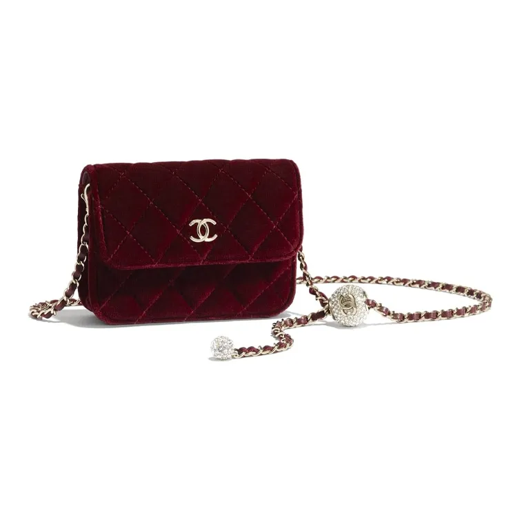 CHANEL Velvet Ribbon With Rhinestones Chain Bag, Crossbody Bag, Shoulder Bag Women's Dark Rose Red-1
