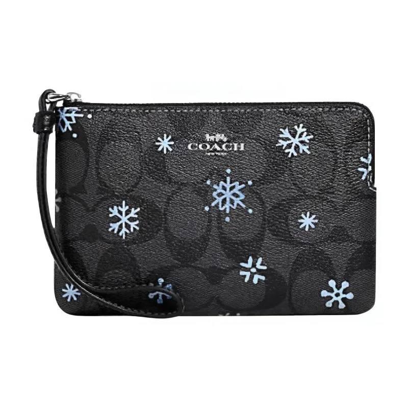 COACH Corner Zip PVC Wrist Bag Clutch Small Size Women's Black-0