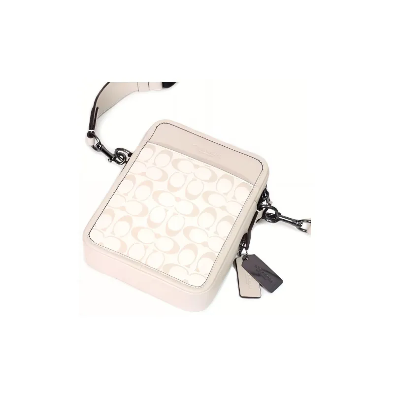 COACH Sullivan Cow Leather Cell Phone Pouch, Shoulder Bag, Crossbody Bag Regular Men's White & Light Khaki-2