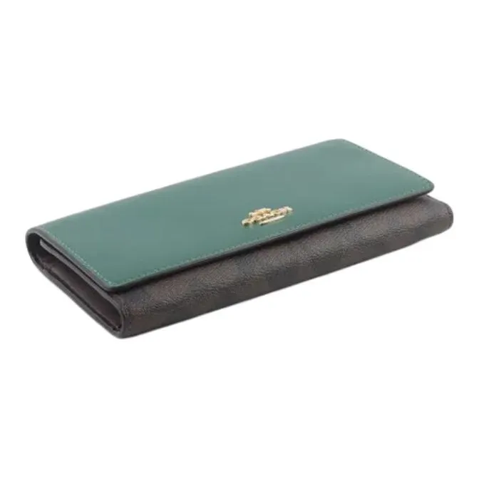 COACH Trifold Wallet Canvas With Leather Coin Purses Wallets Small Size Women's Coffee Stacked Green-2