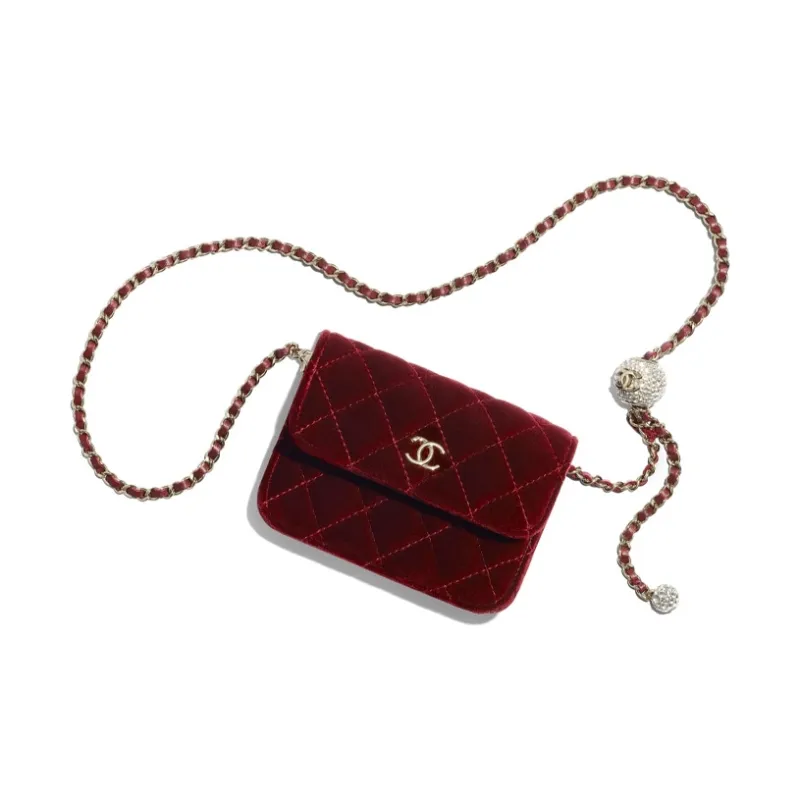CHANEL Velvet Ribbon With Rhinestones Chain Bag, Crossbody Bag, Shoulder Bag Women's Dark Rose Red-2