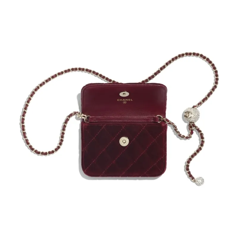 CHANEL Velvet Ribbon With Rhinestones Chain Bag, Crossbody Bag, Shoulder Bag Women's Dark Rose Red-3