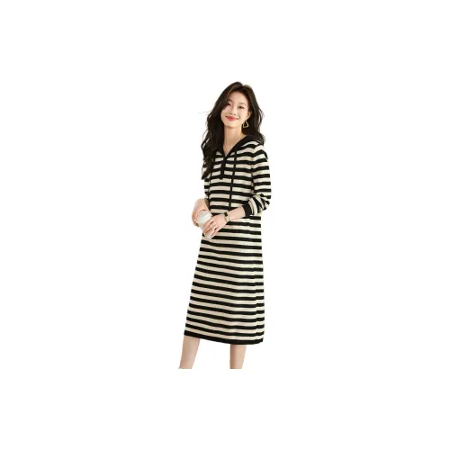 Like the age of water Long-Sleeved Dresses Women's Beige Plus Black