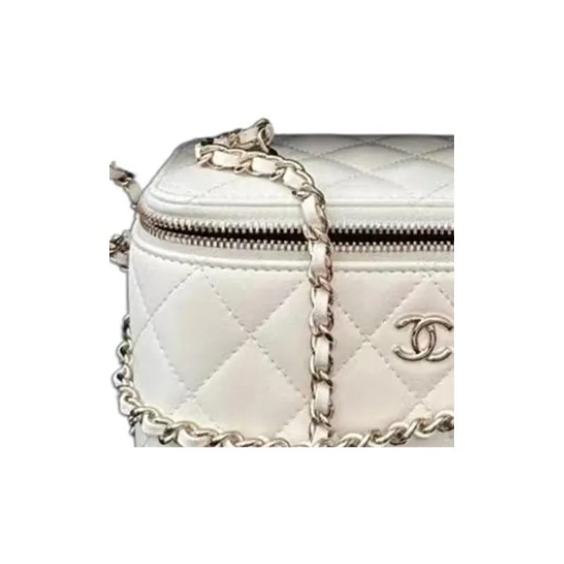 CHANEL Sheepskin Box Bag, Makeup Bag, One Shoulder, Crossbody Bag Women's White-3