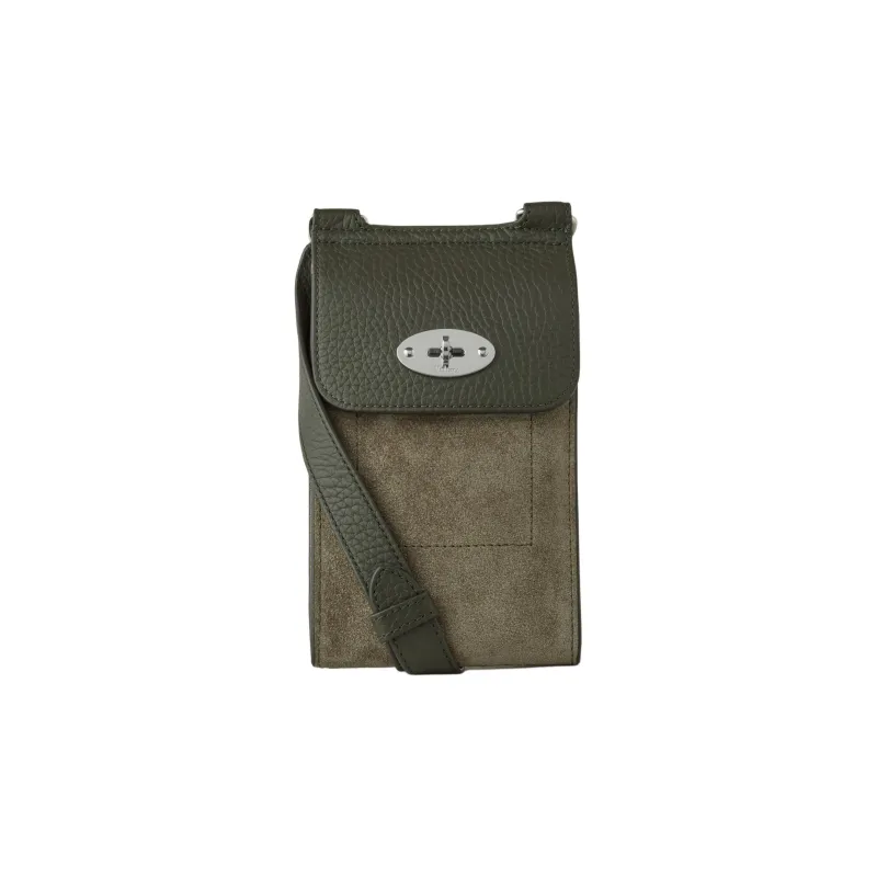 Mulberry Grained Cow Leather Suede Cell Phone Pouch Crossbody Bag Shoulder Bag Unisex Olive With Dark Green Accents-1