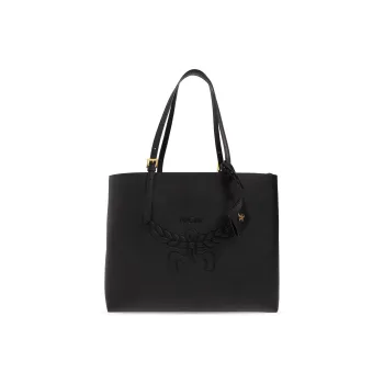 MCM Embossed Leather Tote Bag Shopping Bag Shoulder Bag Handbag Medium Size Women's Black