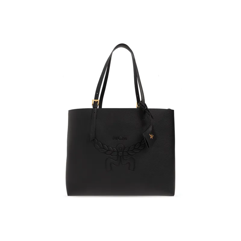MCM Embossed Leather Tote Bag Shopping Bag Shoulder Bag Handbag Medium Size Women's Black-0