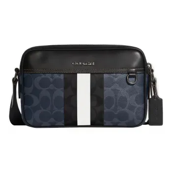COACH Graham Stripes With Cow Leather Small Square Bag, Crossbody Bag, Shoulder Bag Medium Size Men's Denim Blue