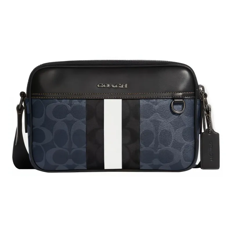 COACH Graham Stripes With Cow Leather Small Square Bag, Crossbody Bag, Shoulder Bag Medium Size Men's Denim Blue-0