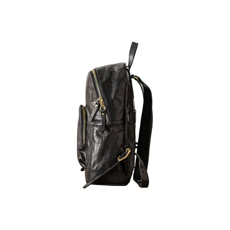 Back Step Top Grain Vegetable Tanned Cow Leather Genuine Leather Computer Travel Backpack Large Size Unisex Black-3