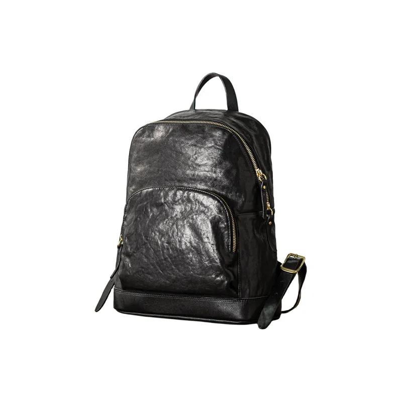 Back Step Top Grain Vegetable Tanned Cow Leather Genuine Leather Computer Travel Backpack Large Size Unisex Black-1