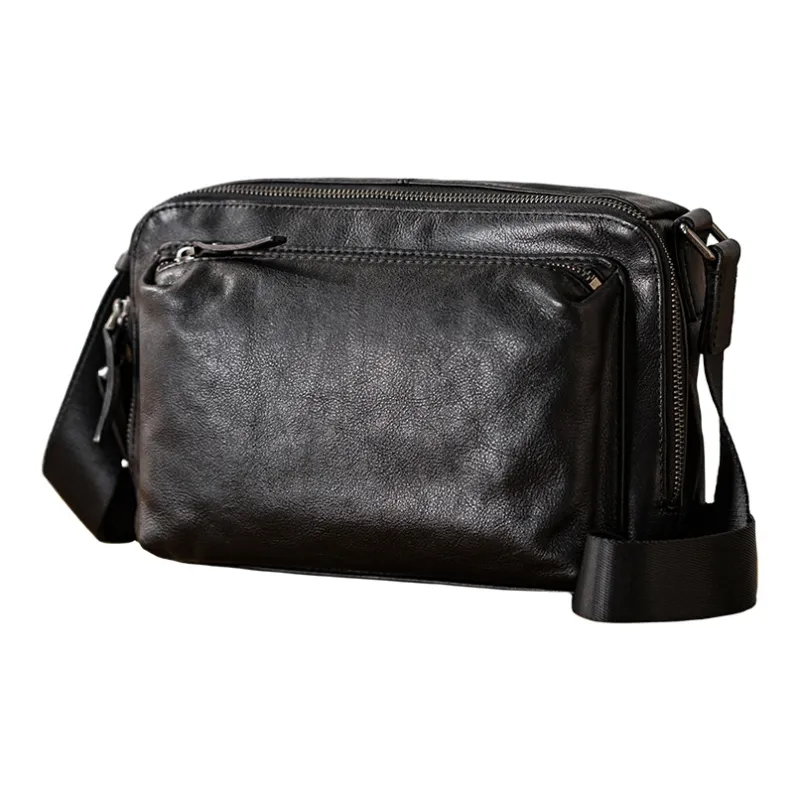 Back Step Top Grain Vegetable Tanned Cow Leather Genuine Leather Crossbody Bag Shoulder Bag Unisex Black-1