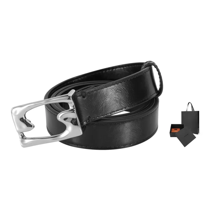 OMTO Cut Out Snap Button Cow Leather Belts Unisex Black-1