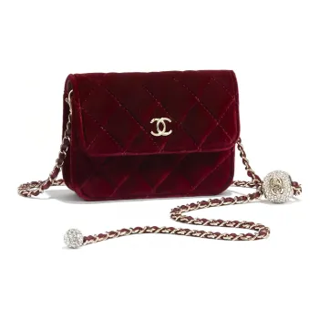 CHANEL Velvet Ribbon With Diamonds Chain Bag Crossbody Bag Shoulder Bag Women's Deep Rose Red