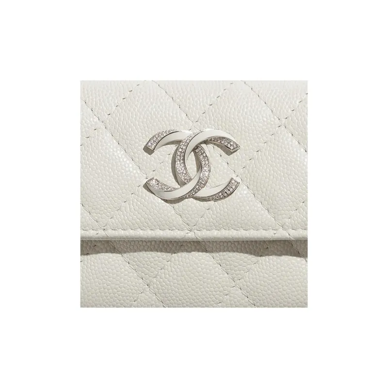 CHANEL Bright Logo Grain Litchi Grain Cow Leather Card Holder, Wallet Women's White-3
