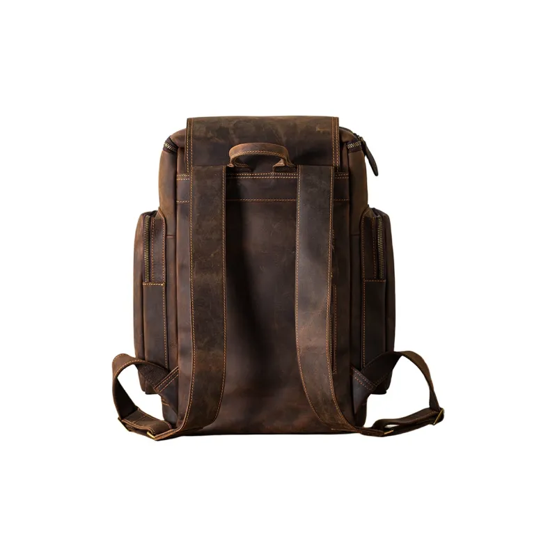 Back Step Cow Leather Backpack Computer Travel Bag Large Size Unisex Dark Brown-3