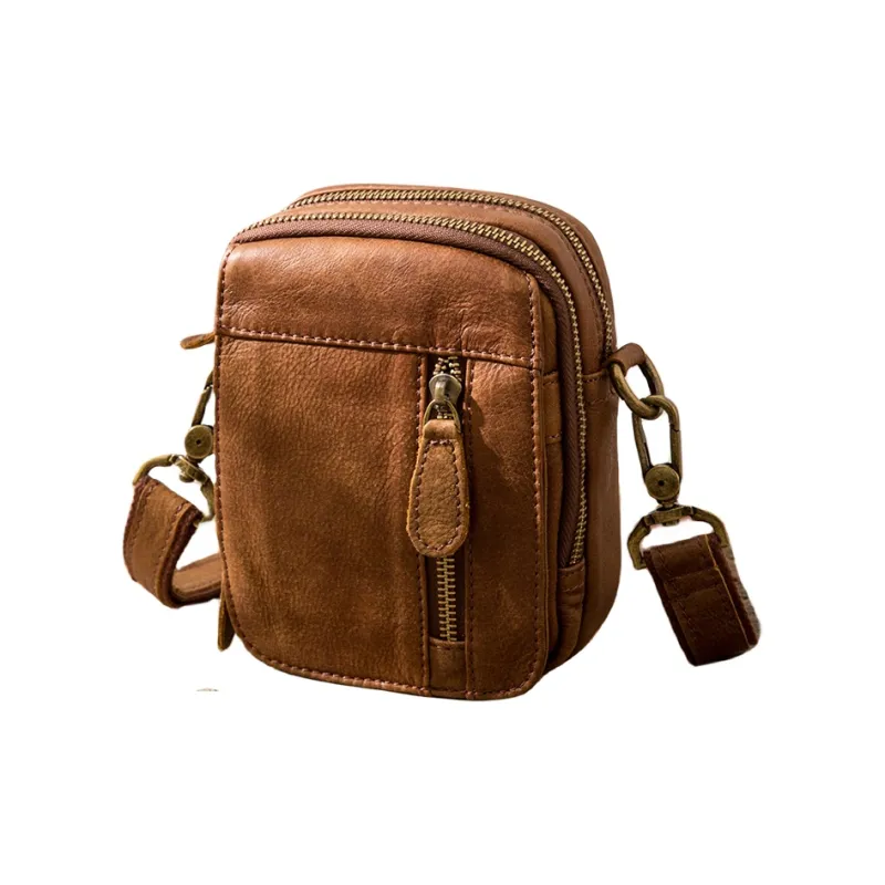 Back Step Cow Leather One Shoulder Crossbody Fanny Pack Small Size Unisex Dark Brown-1