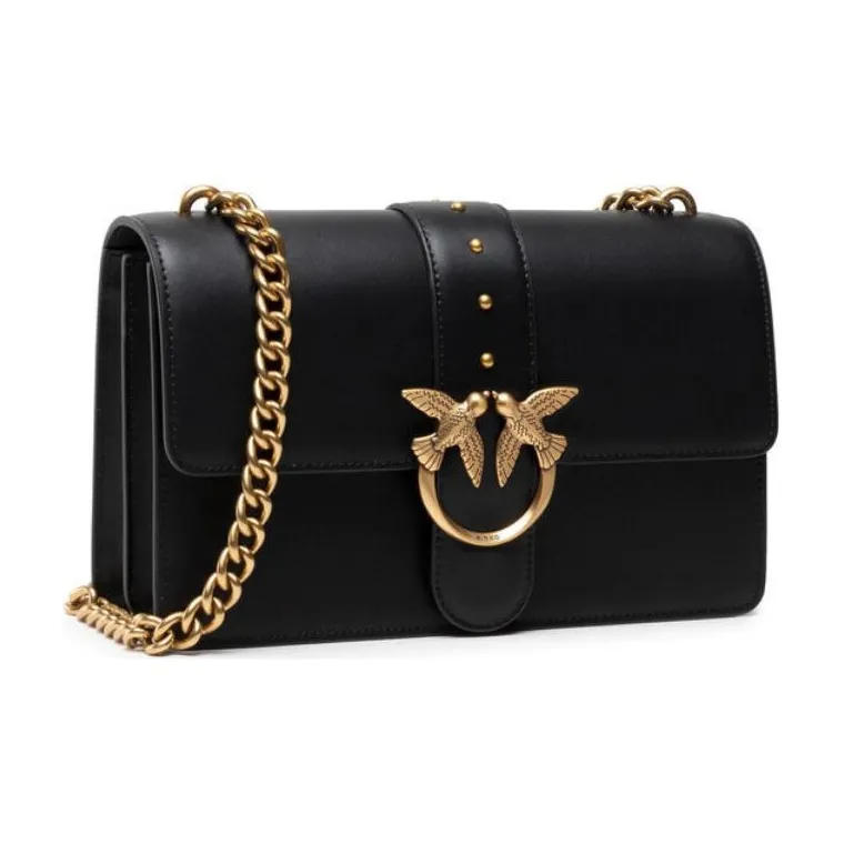 PINKO LOVE Series Cow Leather Flying Bird Bag Swan Bag Shoulder Bag Crossbody Bag Large Size Women's Black/Black Gold-4