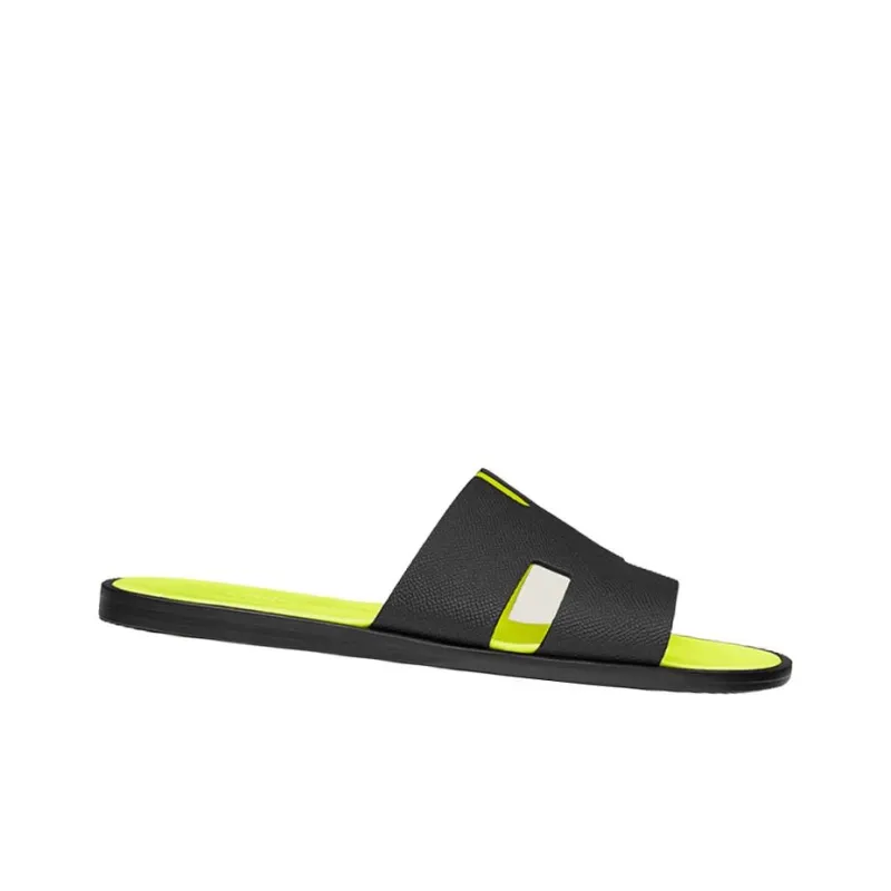 HERMES Izmir Sandal Noir Jaune Fluo Epsom Leather-1