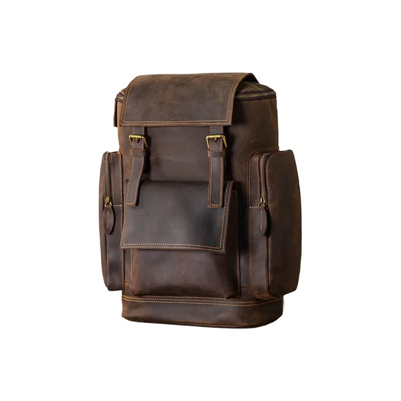 Back Step Cow Leather Backpack Computer Travel Bag Large Size Unisex Dark Brown-1