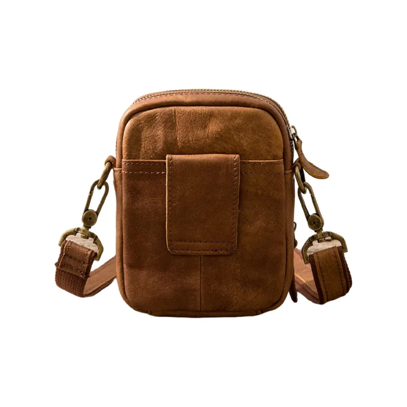 Back Step Cow Leather One Shoulder Crossbody Fanny Pack Small Size Unisex Dark Brown-2