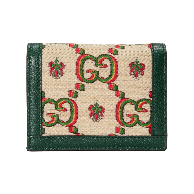 GUCCI Leather Card Holder Mini Women's Beige/Green-2