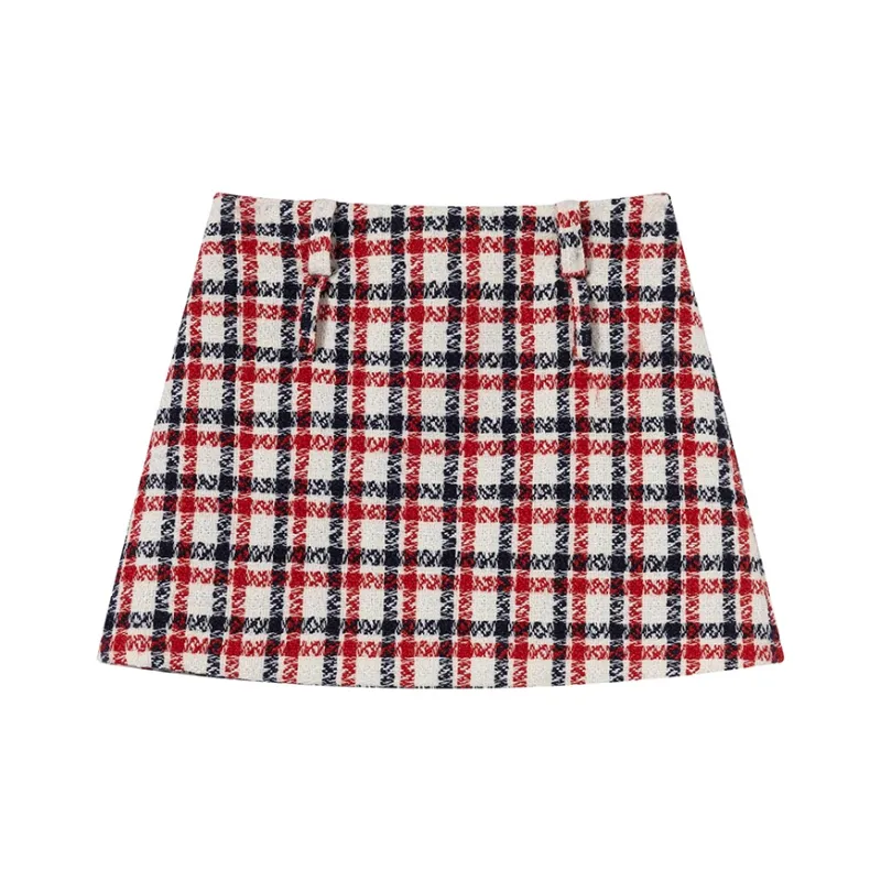 Ouyang Casual Short Skirts Women's Red Blue Plaid-1