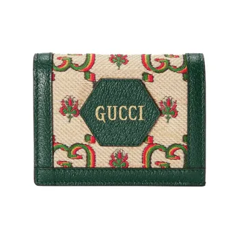 GUCCI Leather Card Holder Mini Women's Beige/Green
