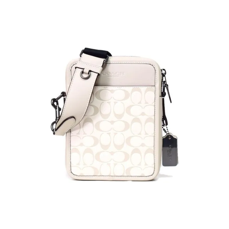 COACH Sullivan Cow Leather Cell Phone Pouch, Shoulder Bag, Crossbody Bag Regular Men's White & Light Khaki-0