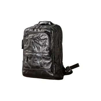 Back Step Cow Leather Double Shoulder Computer Travel Bag Large Size Unisex Black