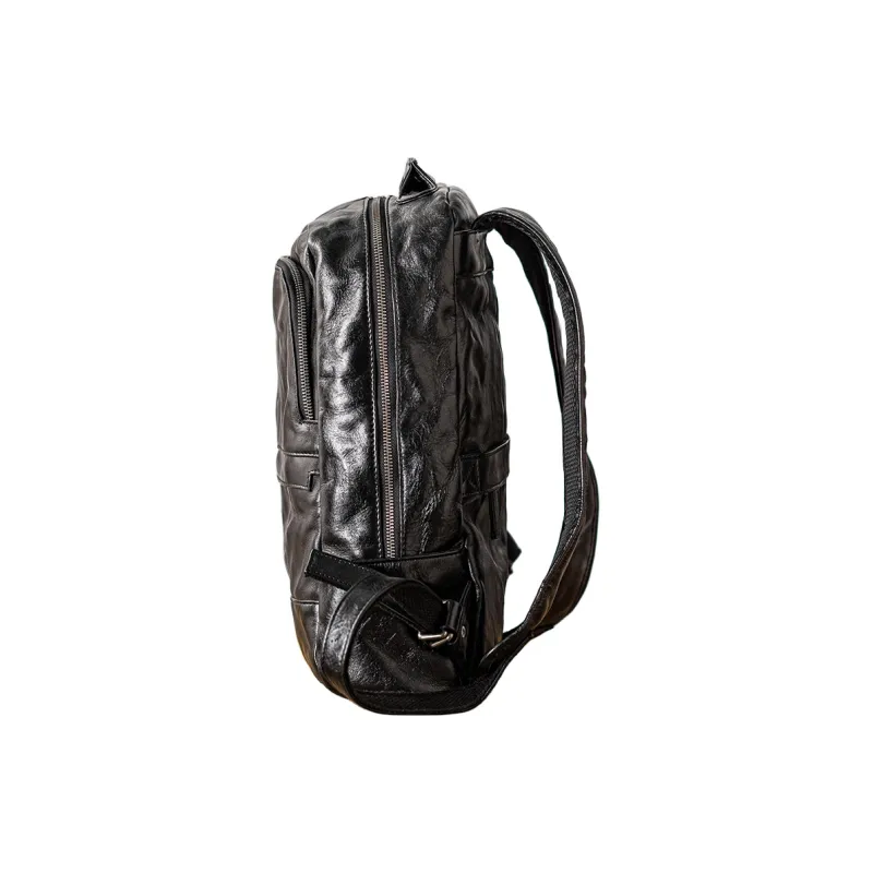 Back Step Cow Leather Double Shoulder Computer Travel Bag Large Size Unisex Black-3