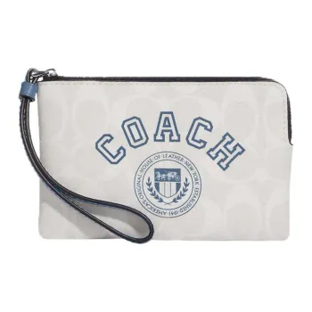 COACH Corner Zip Canvas Wrist Bags Clutches Small Size Women's Chalk White & Indigo