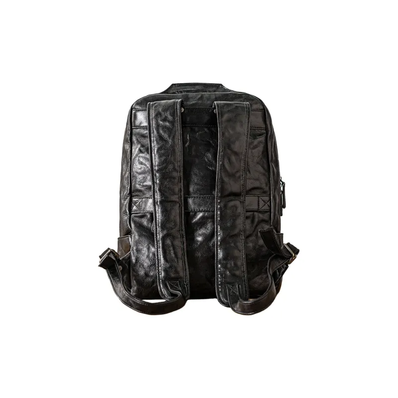 Back Step Cow Leather Double Shoulder Computer Travel Bag Large Size Unisex Black-2
