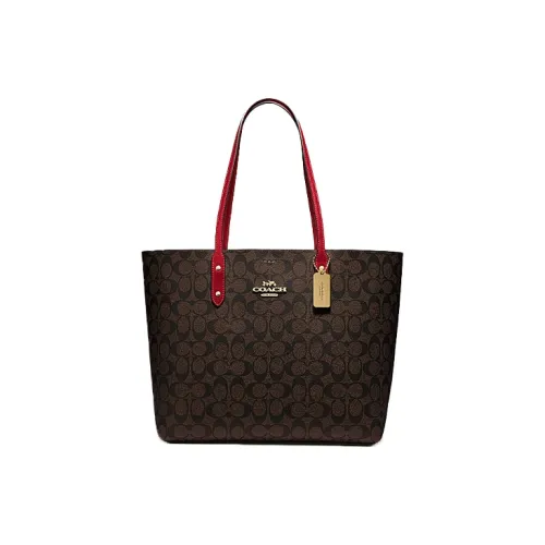 COACH Town Canvas With Leather tote Laurent Bag Shopping Bag Handbag Shoulder Bag Women's Red & Dark Brown Monogram