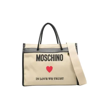 MOSCHINO Canvas Canvas Bag Tote Bag Shopping Bag One Shoulder Handbag Women's Beige & Black