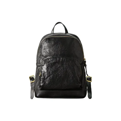 Back Step Top Grain Vegetable Tanned Cow Leather Genuine Leather Computer Travel Backpack Large Size Unisex Black