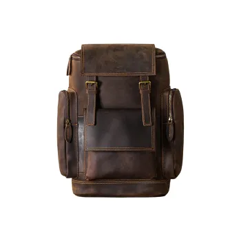 Back Step Cow Leather Backpack Computer Travel Bag Large Size Unisex Dark Brown