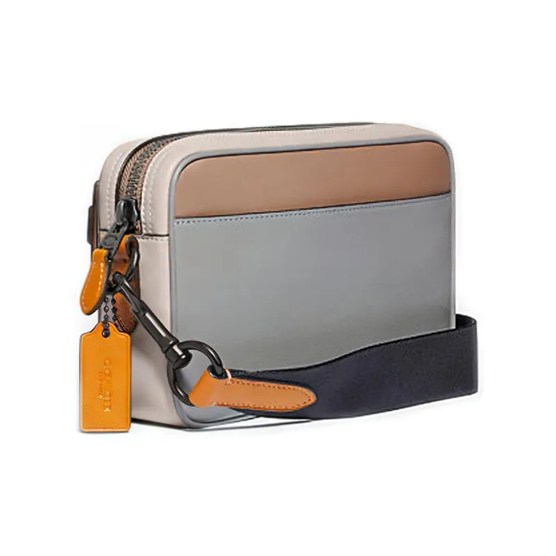 COACH Academy Leather Camera Bag Shoulder Bag Crossbody Bag Medium Size Men's Gray Coffee Multicolor-1