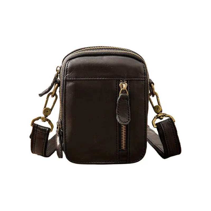 Back Step Cow Leather One Shoulder Crossbody Fanny Pack Small Size Unisex Dark Brown-3
