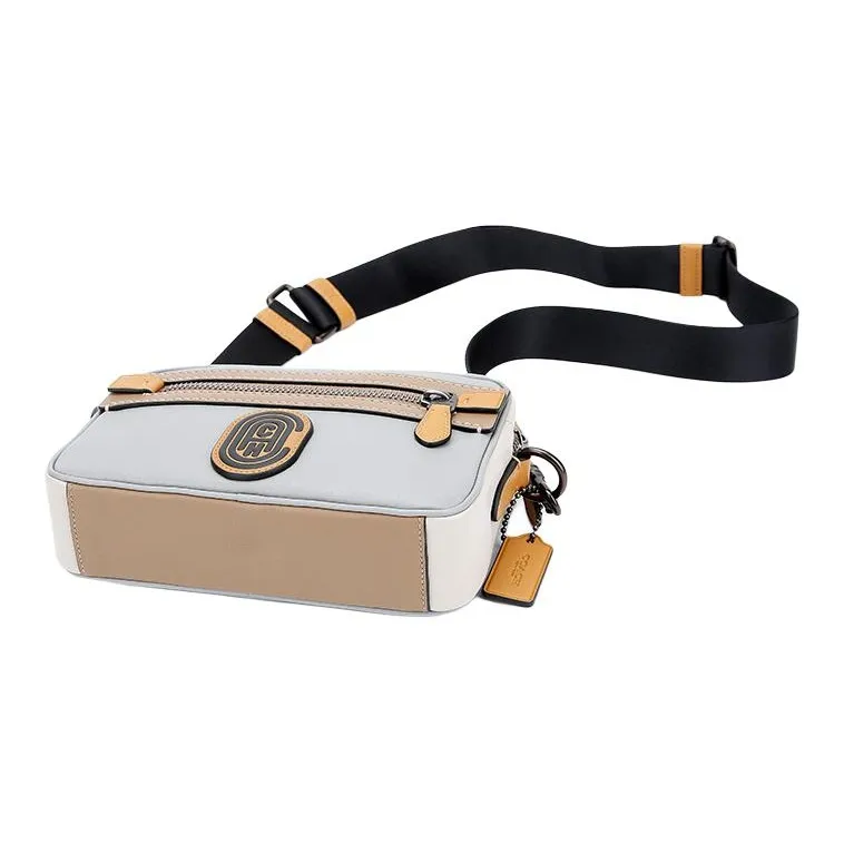 COACH Academy Leather Camera Bag Shoulder Bag Crossbody Bag Medium Size Men's Gray Coffee Multicolor-3