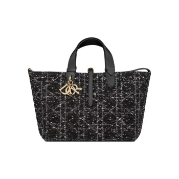 DIOR Tweed Embroidery Tote Bag Shopping Bag Handbag Shoulder Bag Medium Size Women's Black