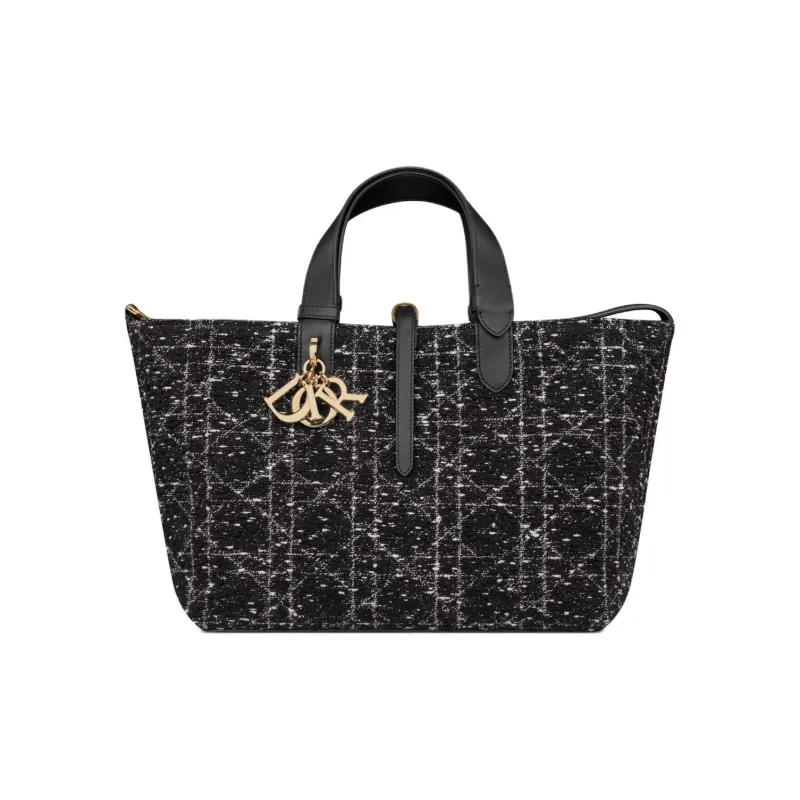 DIOR Tweed Embroidery Tote Bag Shopping Bag Handbag Shoulder Bag Medium Size Women's Black-0