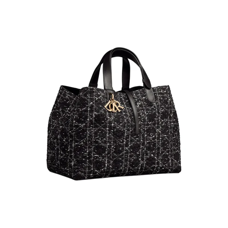 DIOR Rattan Pattern Checkered Tweed Tote Bag, Shopping Bag, Indigenous Bag, Handbag Large Size Women's Black-3