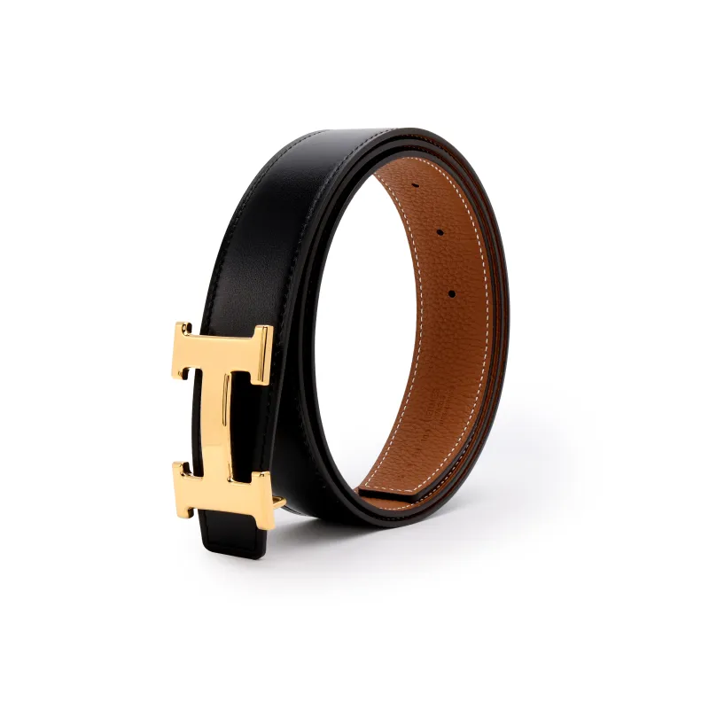 HERMES Cow Leather Leather Belts Unisex Black/Orange Width  3.2cm-2