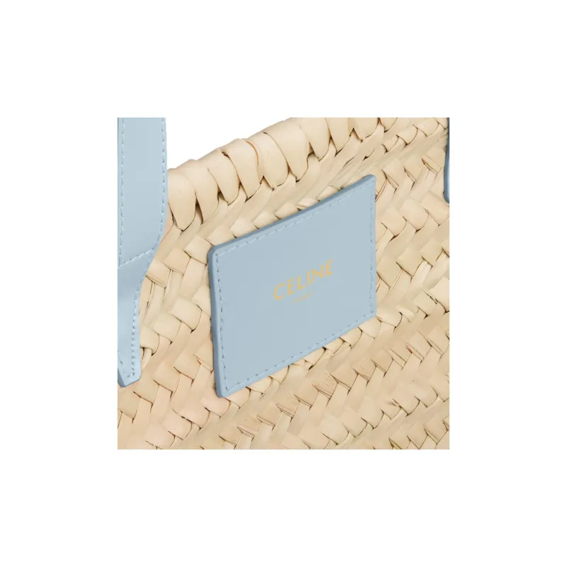 CELINE Triomphe Palm Leaf Studded Leather Trim Basket Bag One Shoulder Handbag Medium Size Women's Light Blue-4
