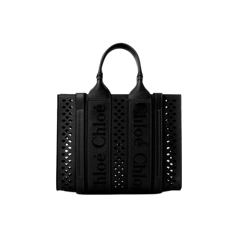 Chloe Woody Grain Calfskin Tote Bag, Shopping Bag, Shoulder Bag, Crossbody Bag, Handbag Small Size Women's Black-2