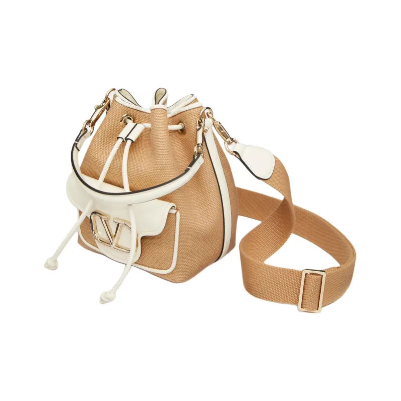 Valentino Locò Raffia Bucket Bags Shoulder Bag Crossbody Bag Handbag Women's Natural Laminated Ivory-4