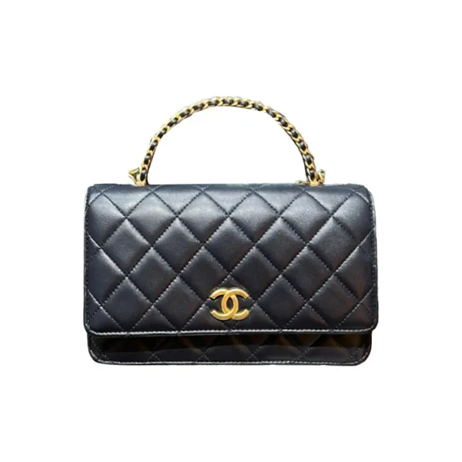 CHANEL WOC Sheepskin And Gold Metal Kelly Handbag, Shoulder Bag, Crossbody Bag, Wallet Women's Dark Blue-0