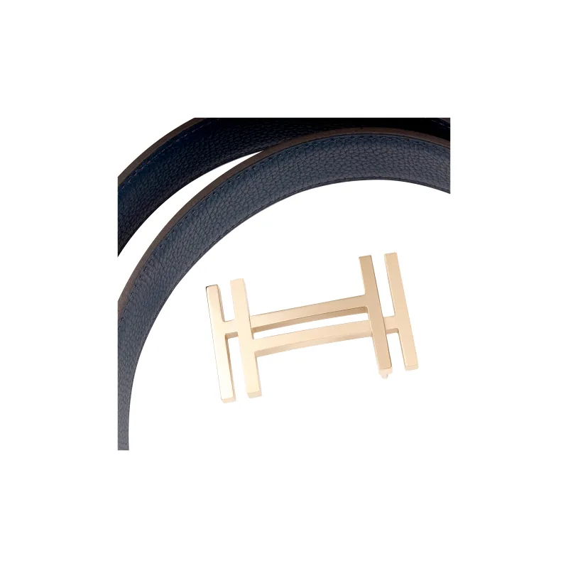 HERMES Cow Leather Belts Men's Black/Prussian Blue Width 3.2cm-1